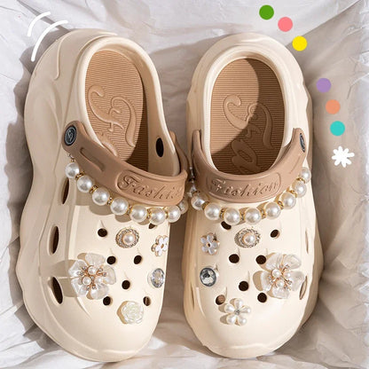 Summer Fashion Pearl Chain DIY Clogs Women 2025 Chunky Platform Slip On Sandals Women Thick Bottom EVA Slippers Shoes Woman Heel