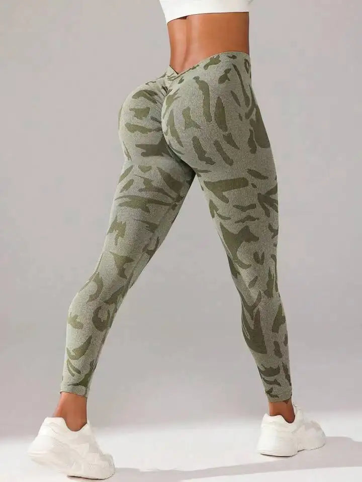 Women Camouflage V Back Gym Leggings Butt Lifting Fitness Athletic Workout Scrunch Leggins Exercise Yoga Pants Sports Clothing
