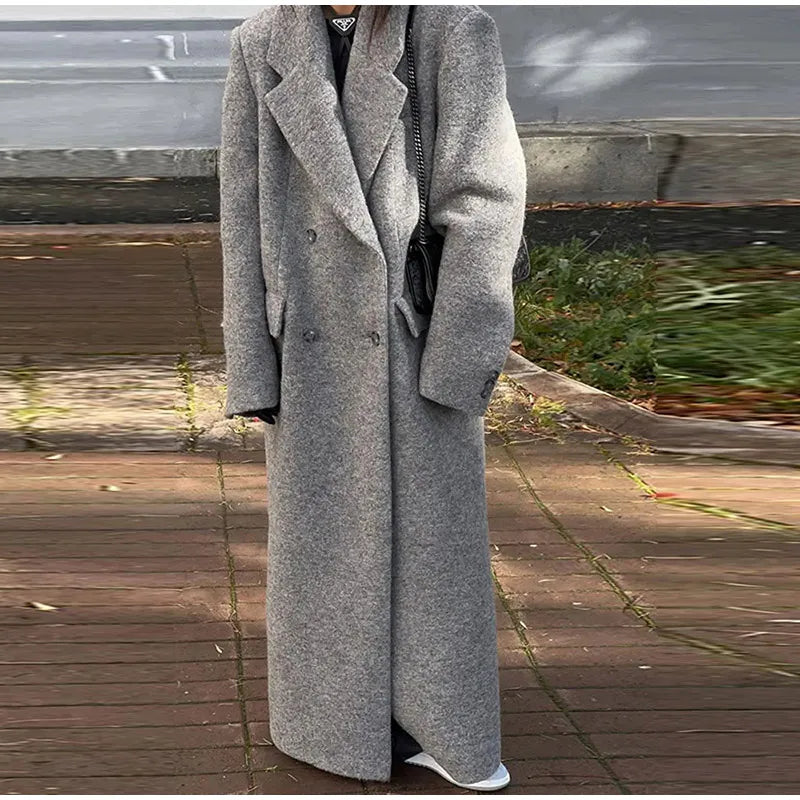 Solid Warm Elegant Women Coat Turn-down Collar Long Sleeve Jacket Casual Winter Autumn Long Outerwears Lady Fashion Loose Coats