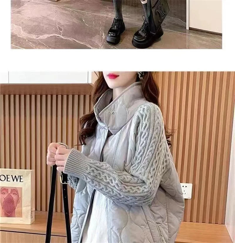 Stand Collar Sweater Sleeve Splicing Down Cotton Jacket Women Autumn Winter Warm Down Cotton Parkas 2025 New Female Fashion Coat