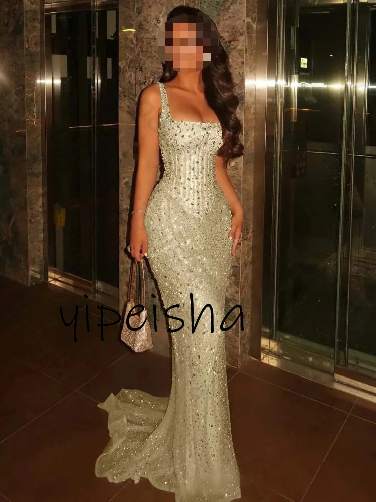 Elegant Mermaid Court Train Evening Dresses Shiny Sequins Square Collar High Quality Sexy Prom Party Gowns for Women Customized