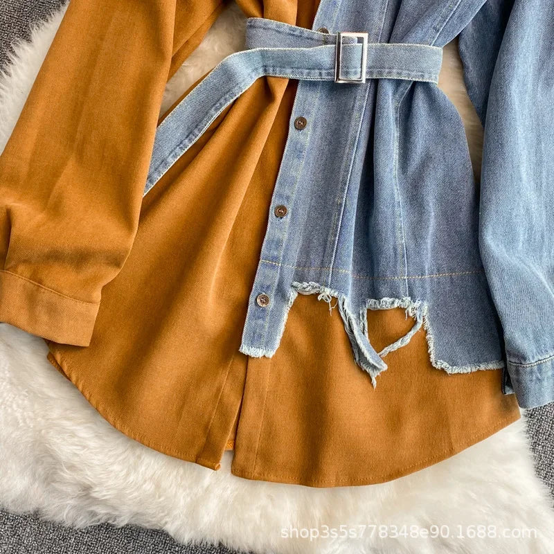 Slimming Denim Patchwork Lapel Dress Autumn Waist-fitted Medium-length Shirt