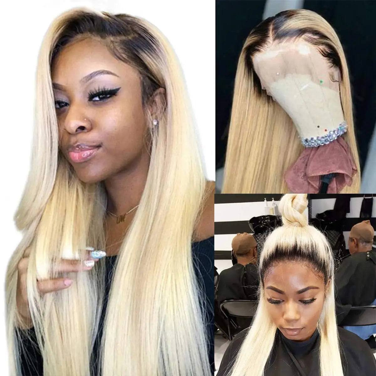 1B 613 Honey Blonde Color Lace Front Human Hair Wigs Dark Roots Remy Brazilian Straight 13x4 Lace Front Human Hair Wig for Women