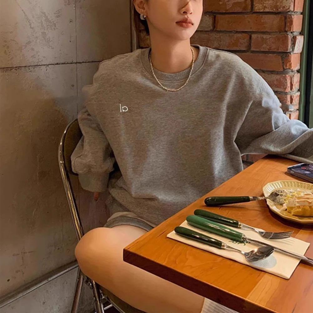 Autumn Women's Sweatshirts Casual New Loose Long-sleeved Pullovers Women Solid Color Black Sports Crew-neck Hoodies Gym Tops