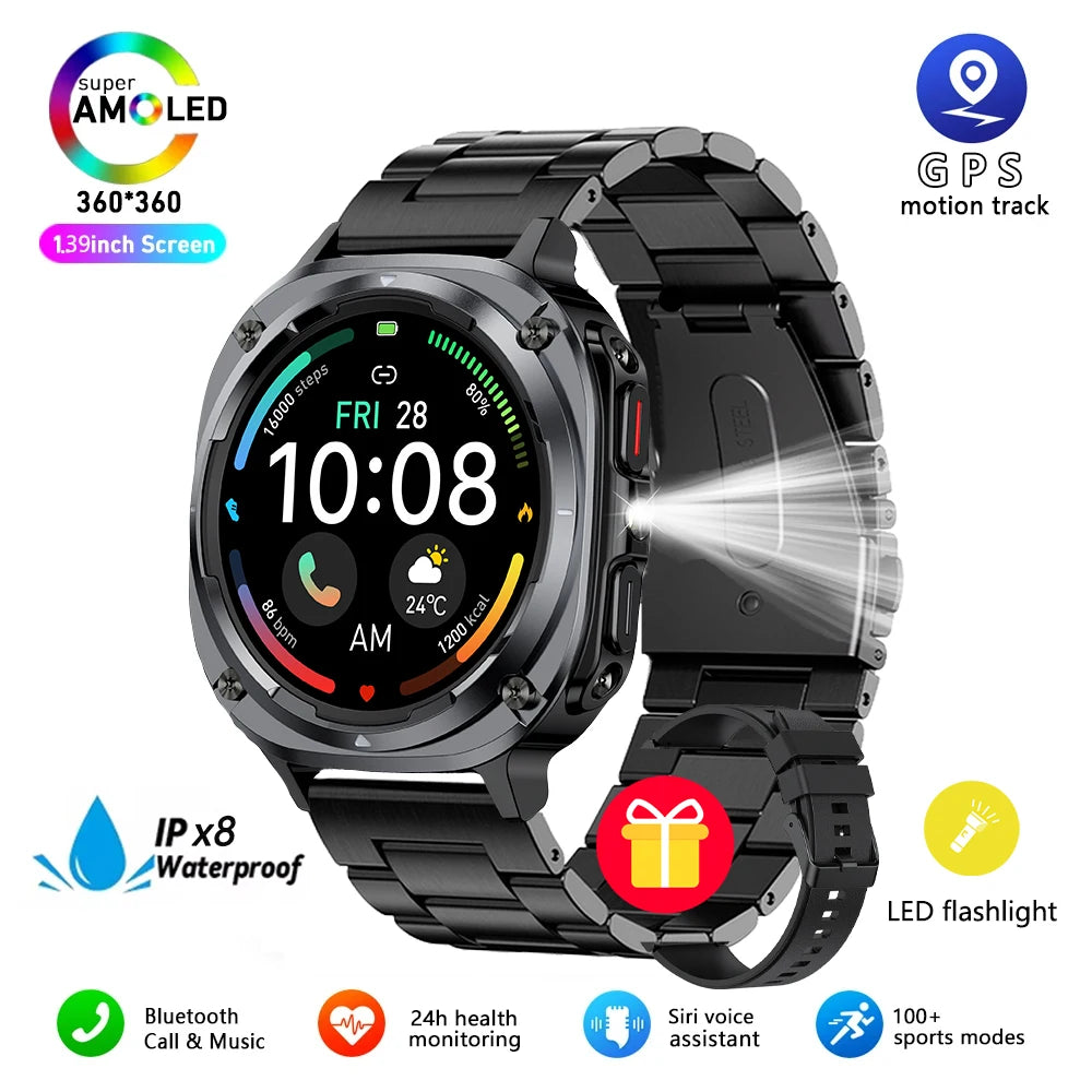 2025 New Watch 7 Ultra Men Smart Watch GPS Heart Rate Blood Oxygen Monitoring AMOLED Voice Call IPX8 LED Flashlight Smartwatch
