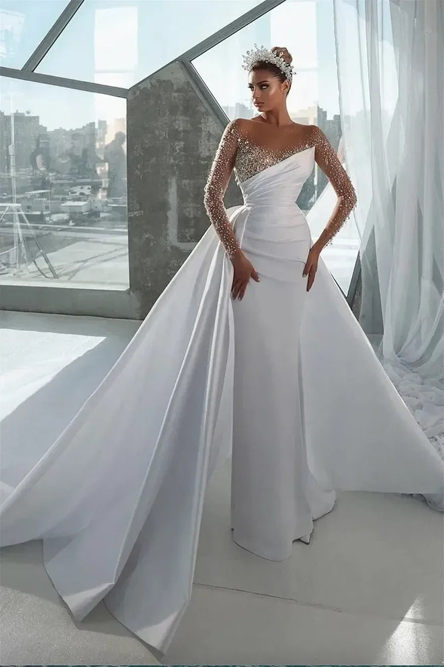 Custom Sexy Sheer Long Sleeve Crystals Jewel Neck Mermaid Wedding Dresses Beads Arabic Dubai Bridal Gowns with Detachable Skirt