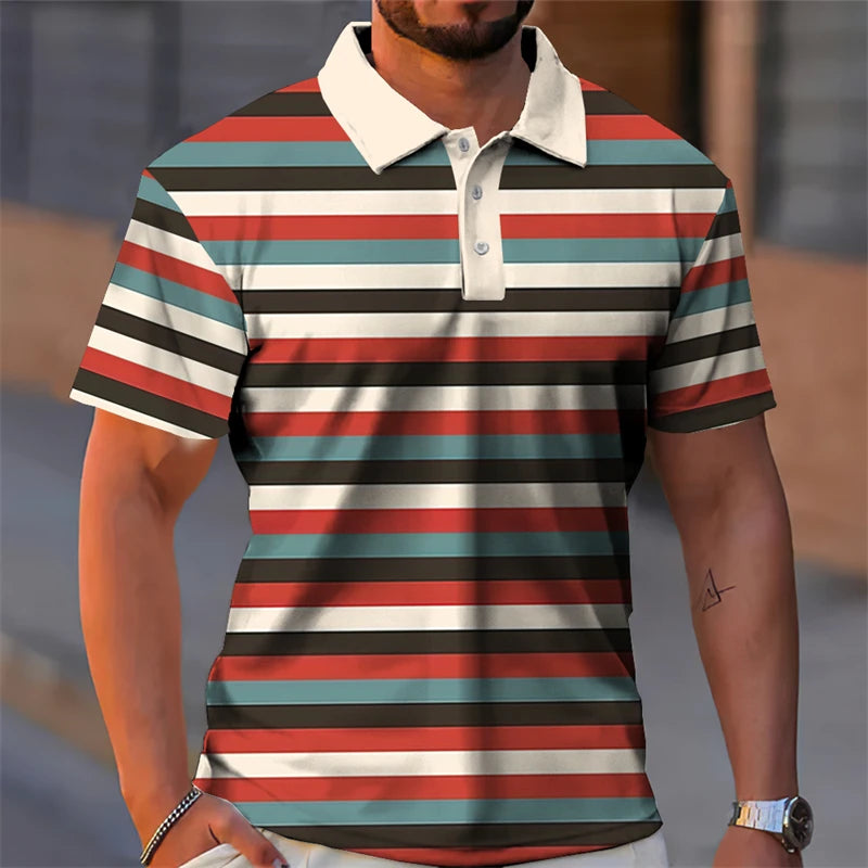 Essential Summer Stripes Polo Shirt Men 3D Print Colors Plaid Button Lapel Golf Shirts Harajuku Streetwear Casual Fashion Tee
