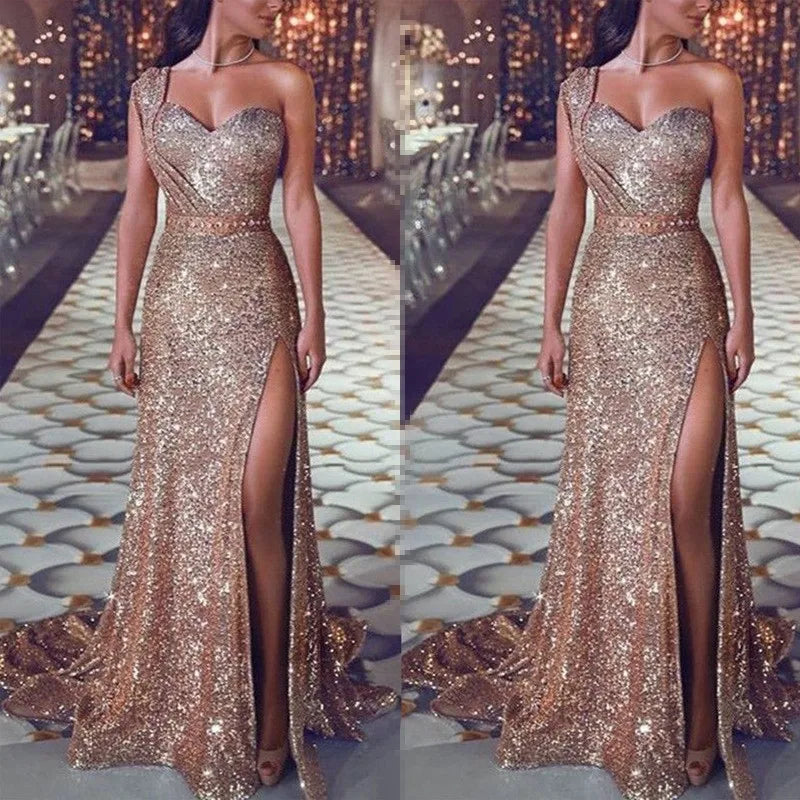 2025 Women's Wedding Party Dress Evening Elegant Sexy Deep V Neck One Shoulder Sleeveless Sequined Long Maxi Dresses For Women