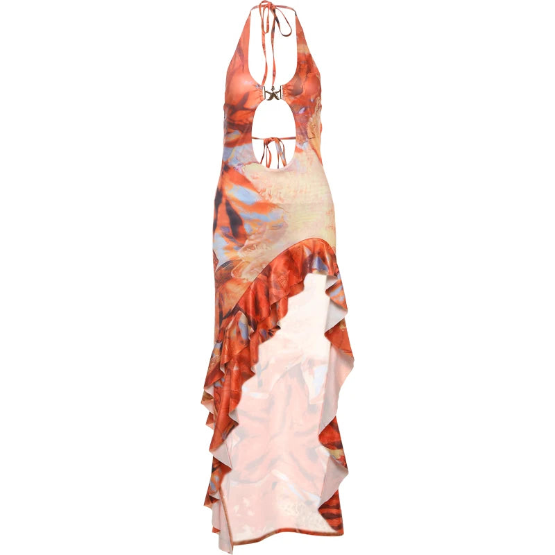 Weird Puss Halter Metal Buckle Dress Women Y2K Hollow Backless Summer Trend High Split Ruffles Sexy Elegant Bandage Maxi Bodycon