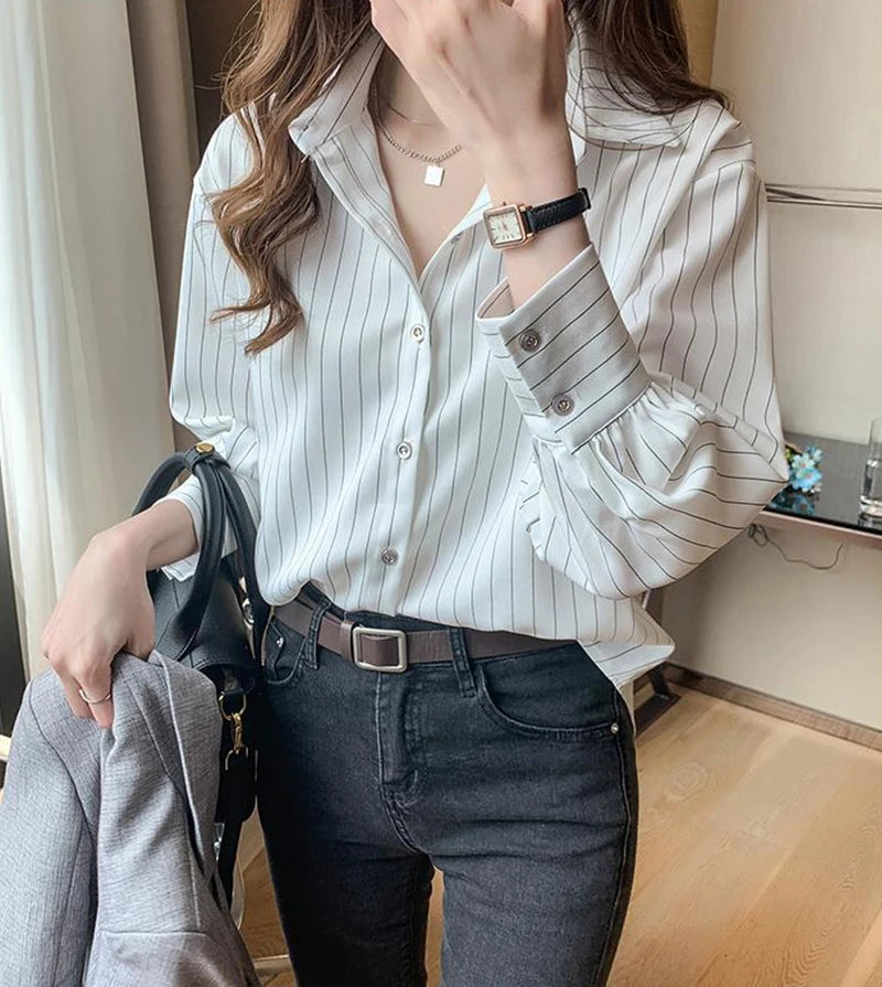 Striped Shirt Women Summer Vintage Chic Loose Long Sleeve Top Y2K Office Ladies Fashion Casual Turn Down Collar All Match Blouse