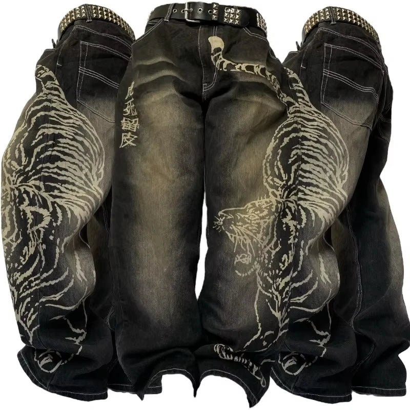 American New Fashion Oversized Letter Printing Black Washed Jeans Ladies Y2K Popular Casual Joker Loose Wide-leg Mop Pants