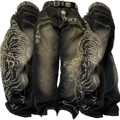 American New Fashion Oversized Letter Printing Black Washed Jeans Ladies Y2K Popular Casual Joker Loose Wide-leg Mop Pants