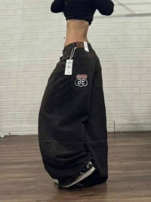 Street Vintage New Letter Embroidered Patch Yellow Washed Baggy Jeans Women Y2K Gothic Hip Hop Popular Couple Wide-leg Pants