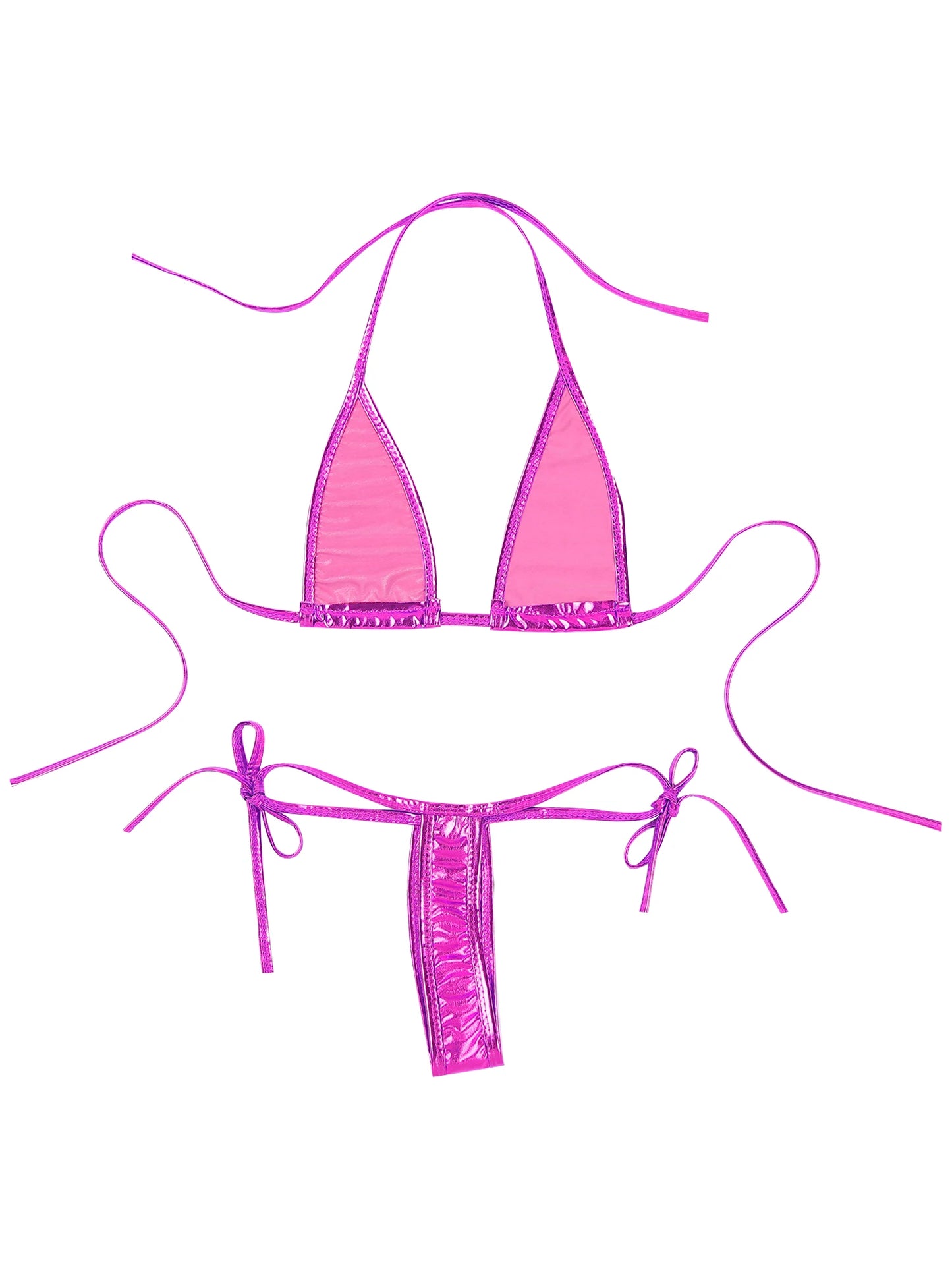 Womens Brazilian Micro Bikini Swimsuit Biquini Set Lacing Non-Padded Triangle Cup Bra Top with G-String Metallic Shiny Swimwear