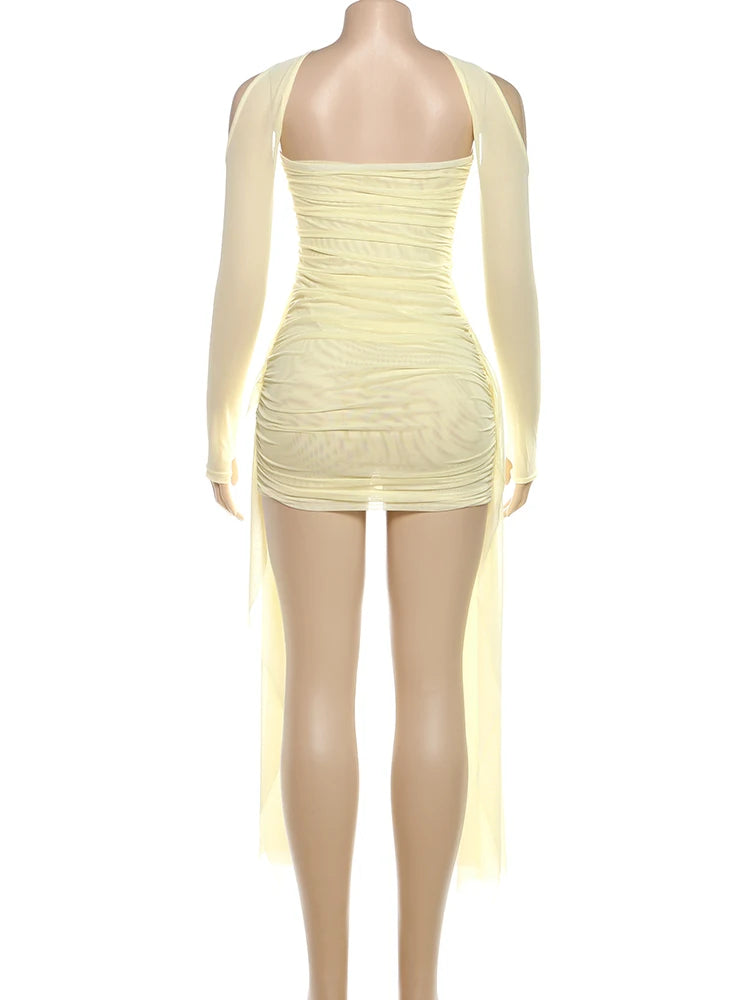 Nibber Summer Vacation Sexy See Through Dress+Shawl Women Ruched Side Ribbon Coquette Skinny Midnight Clubwear Party Bodycon