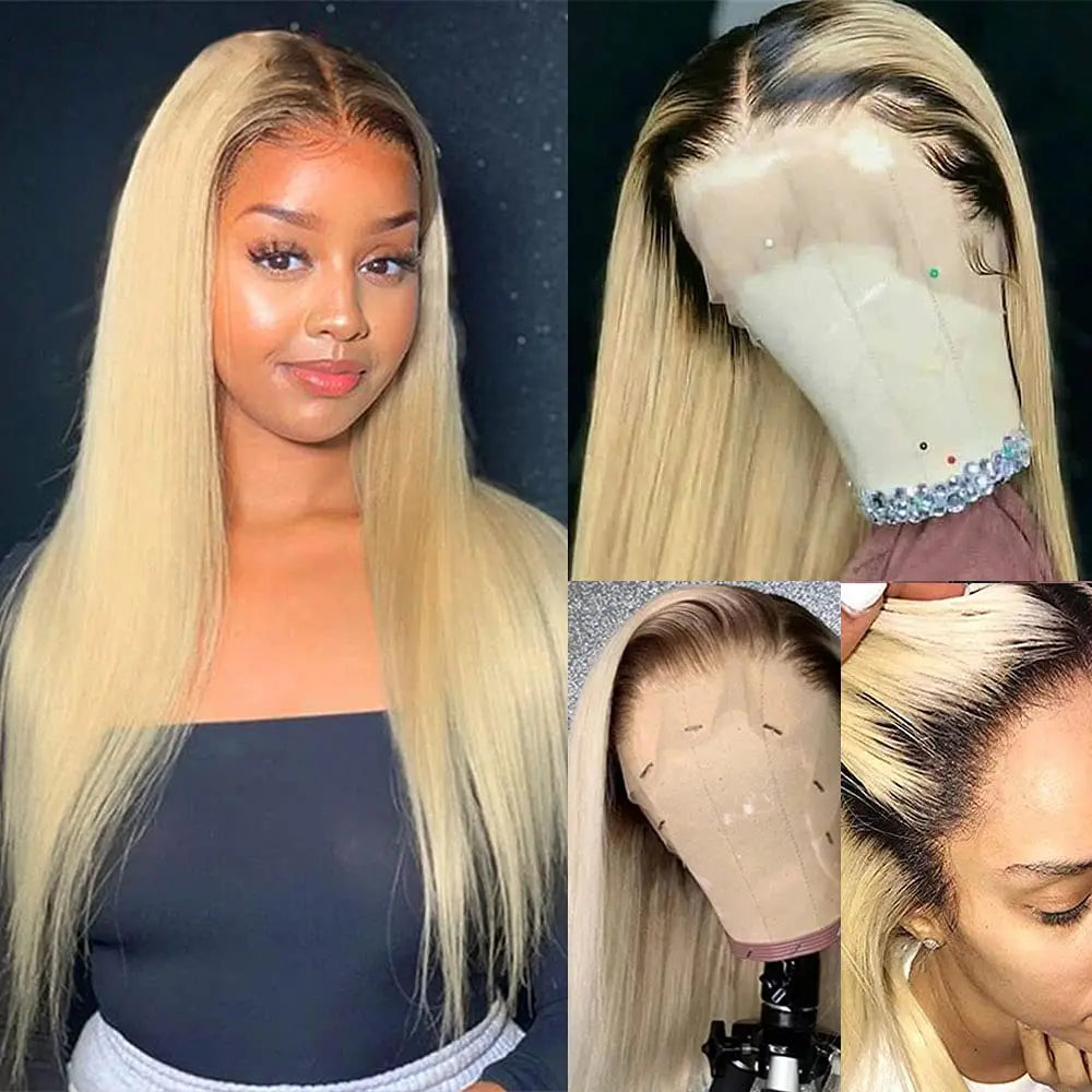 1B 613 Honey Blonde Color Lace Front Human Hair Wigs Dark Roots Remy Brazilian Straight 13x4 Lace Front Human Hair Wig for Women