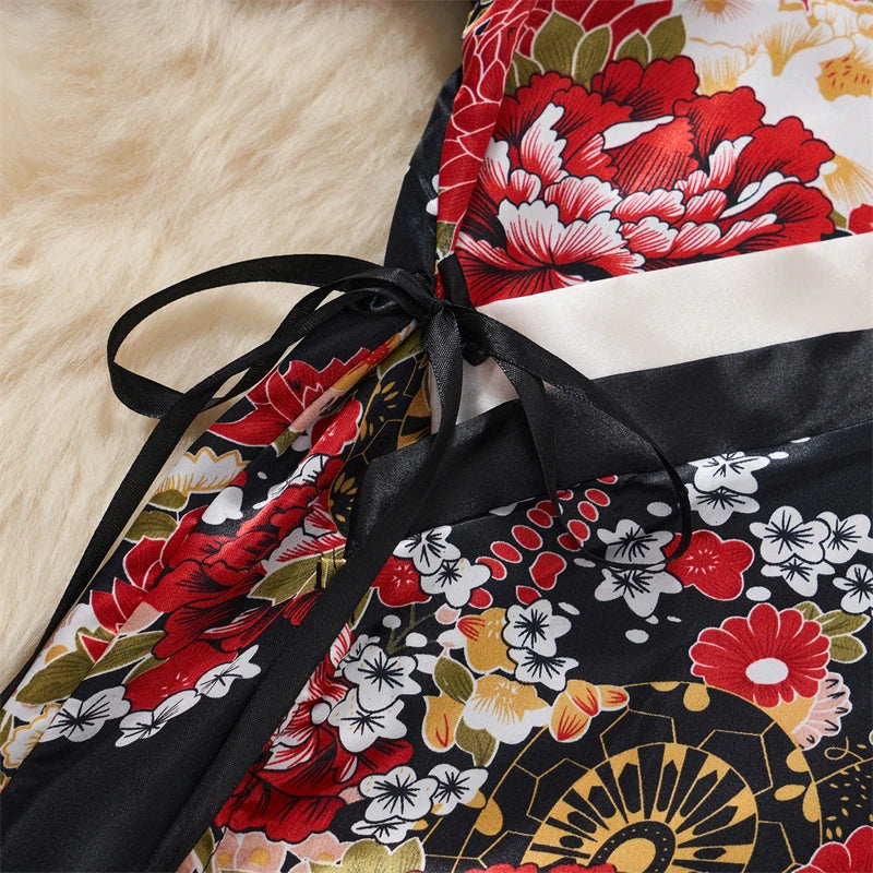Japanese Kimono V-neck Printed Flower Bow Waist Shaping Cardigan Dress Women Clothing Loose Long Sleeve Vintage Sexy Lace-up New