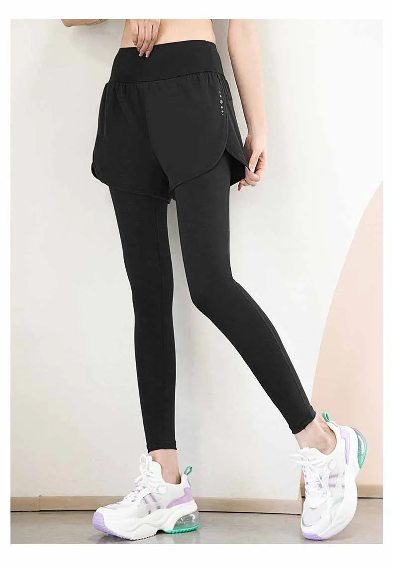 Women's Gym Leggings Elastic High Waist Fake Two Pieces Yoga Pants With Pockets Sportswear Running Tights Gym Yoga Wear