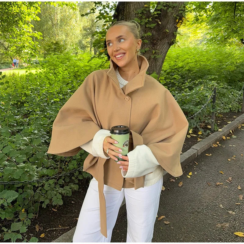 Elegant Fleece Women's Coats Solid Stand Long Sleeve Belted Lace-Up Button Jackets 2025 Autumn Winter Outerwear Female Tops