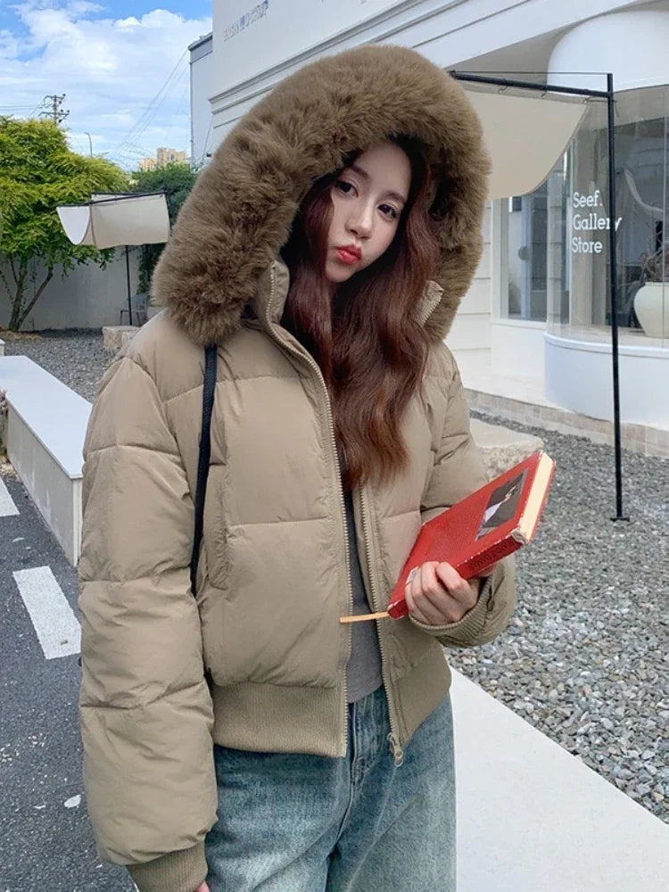 Casual Warm Fur Hooded Cropped Parkas Chic Streetwear Korean Style Down Cotton Coat Thicken Short Women's Winter 2025 Jacket