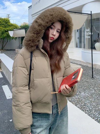 Casual Warm Fur Hooded Cropped Parkas Chic Streetwear Korean Style Down Cotton Coat Thicken Short Women's Winter 2025 Jacket