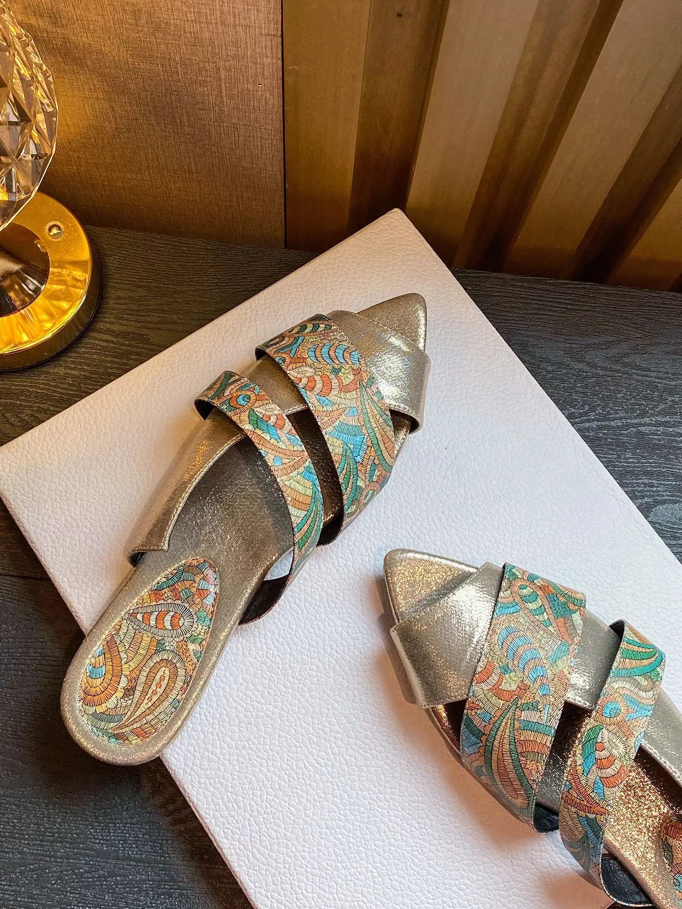 Women's sandals flat pointed Peep Toe slippers totem large size shoe snake pattern stone pattern sandals for women Flat slippers