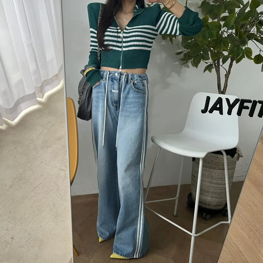 Retro High Waist Wide Leg Jeans Women's Cool Spicy Faionable Distred Straight Floor-Length Pants Dstring Side Stripe ...
