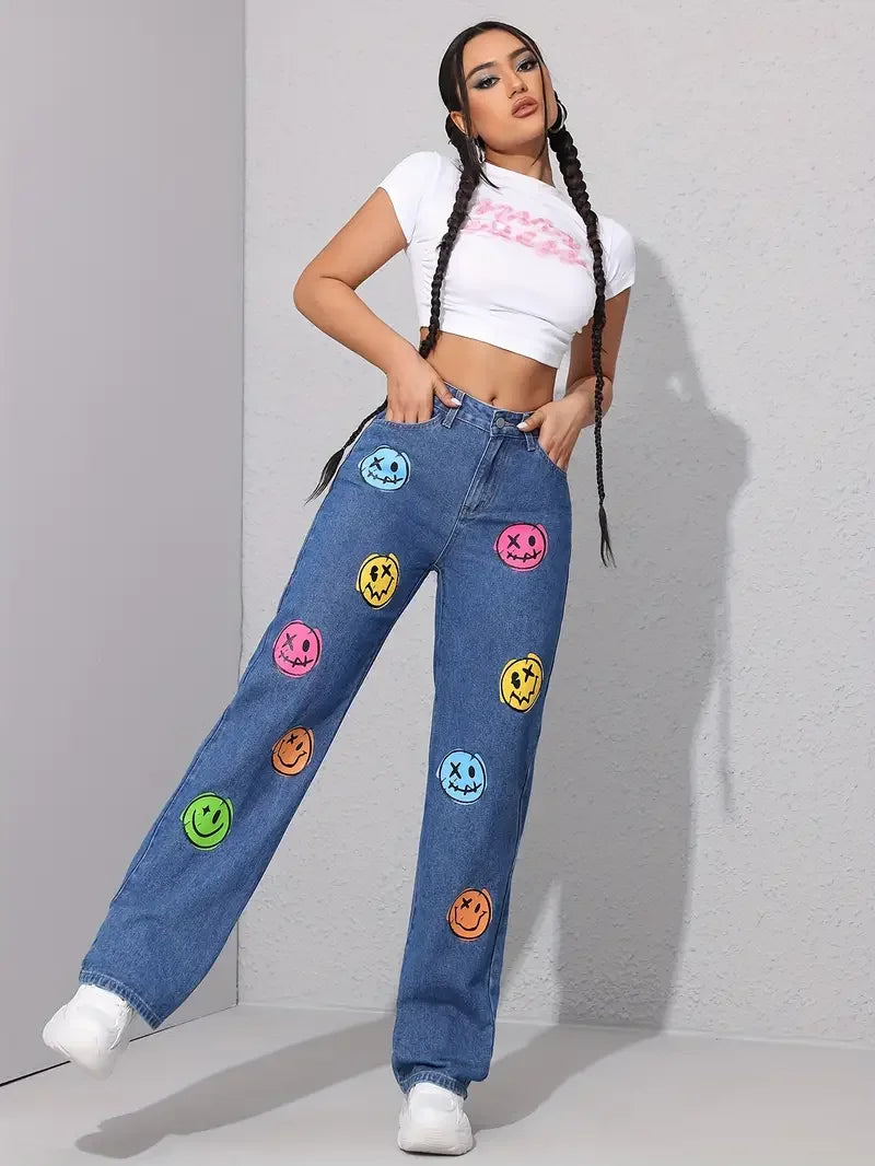 Women Smile Face Print Stretch Jeans Fashion Skinny Bottom High Waist Gray Denim Pants Lady Classic Y2K Punk Long Trousers