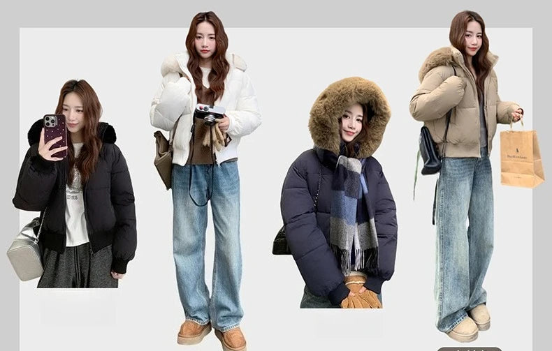 Casual Warm Fur Hooded Cropped Parkas Chic Streetwear Korean Style Down Cotton Coat Thicken Short Women's Winter 2025 Jacket
