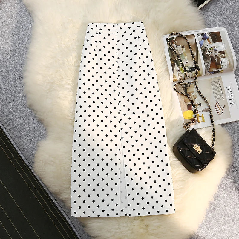 Seoulish Back Split Polka Dot Vintage Women's Skirts Elastic High Waist  Elegant Office Lady Midi A-Line Skirt Female 2026 New