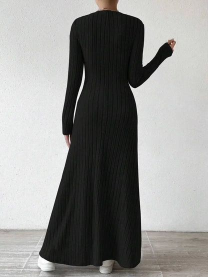 Fashionable Knitted Long Sleeve A- Line Streetwear Dress For Women Smooths And Slims Your Silhouette Solid Color Long Dress