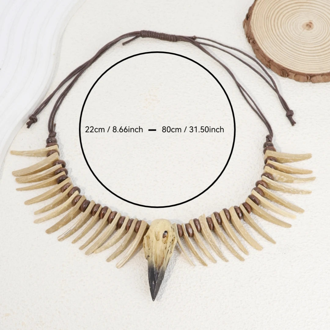 1 piece of vintage Viking crow skull coconut shell necklace - resin animal shaped irregular long teeth, Gothic style jewelry,