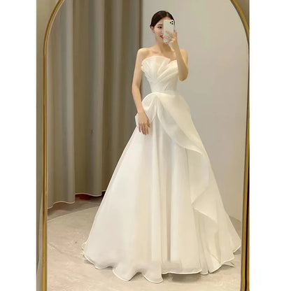 European and American Strapless Light Wedding Dress 2025summer New Bride Simple White Gauze Dress Welcome Gauze Fairy Atmosphere