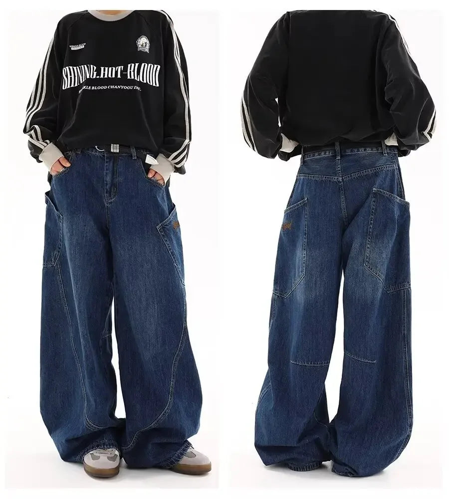 American Retro Knife Pocket Wide Leg Jeans Women's Spring Autumn Style Hot Girl High Street Design Loose Floor-Length Pants