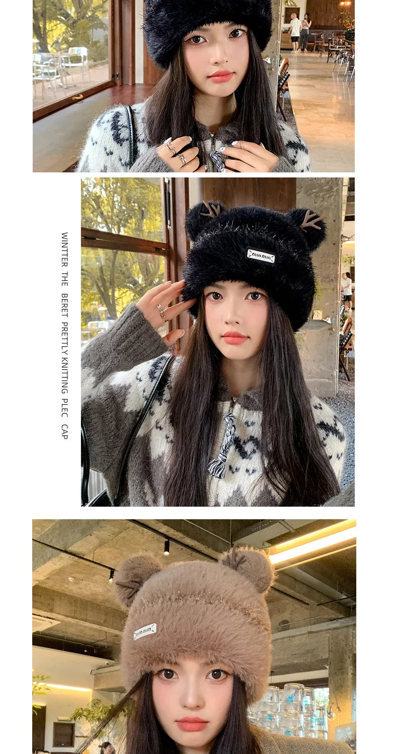 Knitted Hat Beanie Winter Warm Fleece Lined Reindeer Antlers Korean Style Cute Christmas Party Women Girls Thickened Thermal