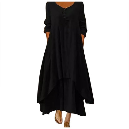 Women Elegant Linen Ginger Dresses Bohemia Layering Vintage Robe Long Sleeve Loose Long Dress Female Autumn Vestidos