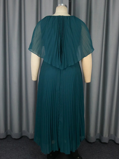 Elegant Plus Size Pleated Maxi Dress O Neck Cloak Sleeve High Waist  Perfect for Evening Event Wedding Guest or Formal Occasions