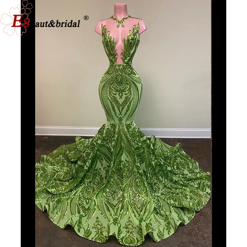 Elegant Mermaid Sequin Prom Party Dresses for Women 2025 O-neck Sleeveless African Long Formal Wedding Evening Gowns Customized