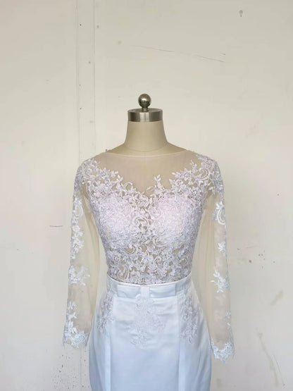 Lace 2 In 1 Mermaid Wedding Dresses Long Sleeves Scoop Neck Detachable Train Puffy Tulle Appliques Bridal Gowns Customized