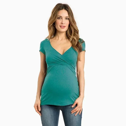 V-Neck Pregnant Women's Casual Short Sleeve Breastfeeding Top Maternity Women Postnatal Cotton Nursing T-shirt