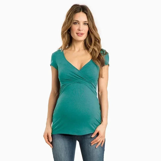 V-Neck Pregnant Women's Casual Short Sleeve Breastfeeding Top Maternity Women Postnatal Cotton Nursing T-shirt