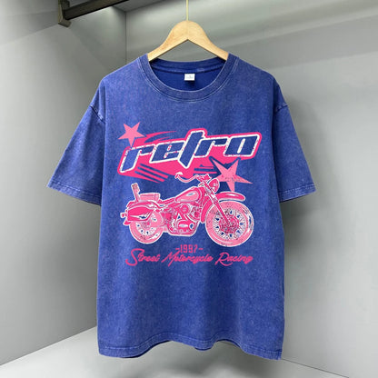 Y2K Pink Retro Motorcycle Street Print Men Tshirts Breathable T Shirts Loose Cotton Tee Clothing Casual Tops Brand Oversize Tees