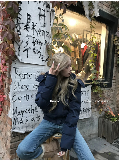 Autumn Winter Fur Hooded Jacket Women Outerwear Thick Dowon Cotton Padded Slim Short Parkas Female Cropped Puffer Bubble Coat