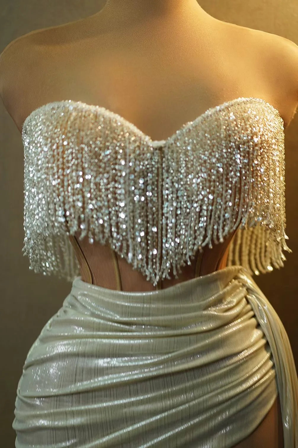 Stock 2024 Sparkly Rhinestones Chain Tassel Strapless Luxury Mini Dress Women Celebrate Party NightClub Performance Stage Outfit