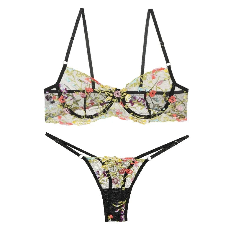 Floral Embroidery Lace Bras Set Women Sheer 2-Piece Sexy Bra + Panties Lingerie Fashion Underwear Set Intimates
