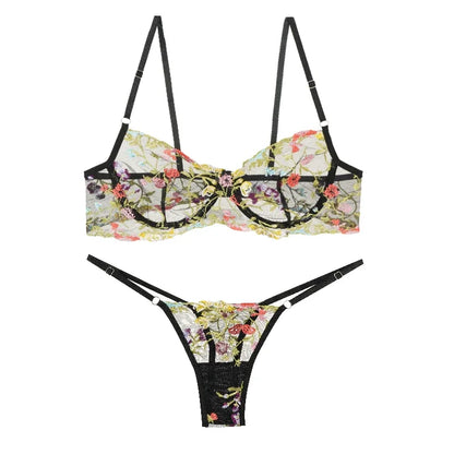 Floral Embroidery Lace Bras Set Women Sheer 2-Piece Sexy Bra + Panties Lingerie Fashion Underwear Set Intimates