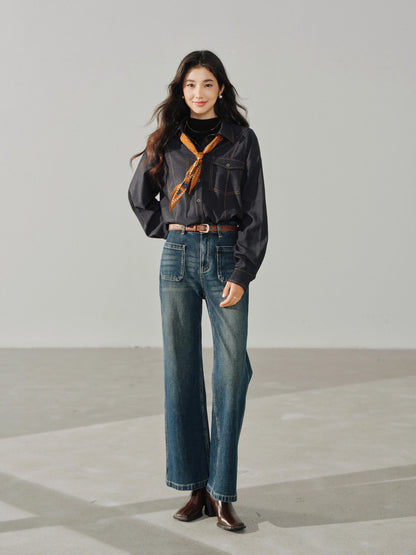 Casual Contrast Stitch Shirt Jacket Loose Long Sleeve Blouse for Women Stylish Collared Overshirt for Autumn Layered Slim Look