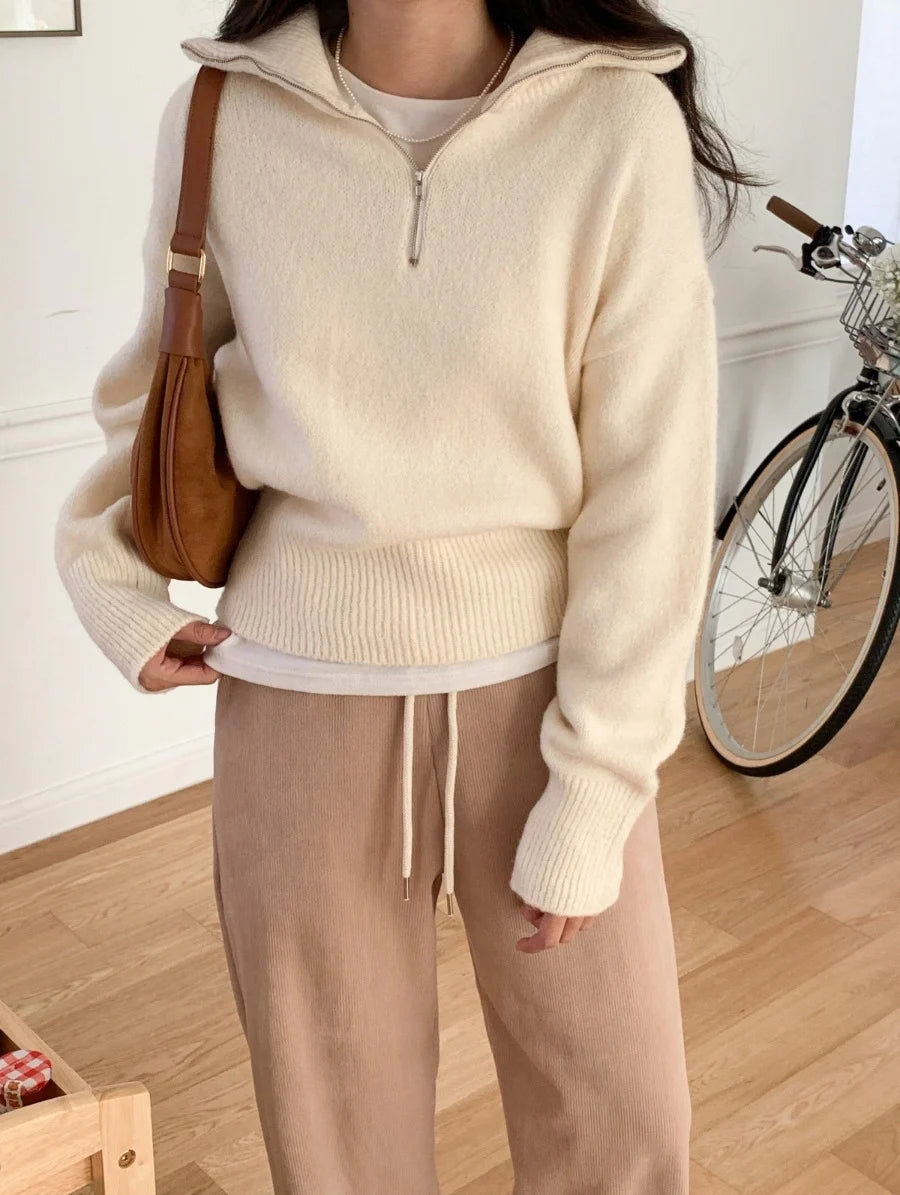 Women's Casual Loose Knitted Sweater Autumn Winter Chic Design Versatile f Zipper Stand Collar  Color Top