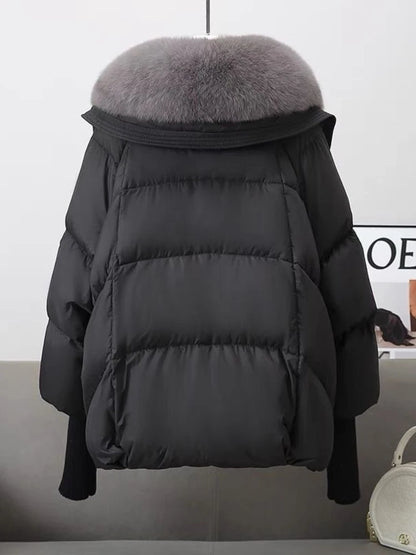 2025 Down Cotton Short Padded Jacket Women Parkas Fur Collar Autumn Winter Thick Coats Female Black Casual Outerwear Clothes