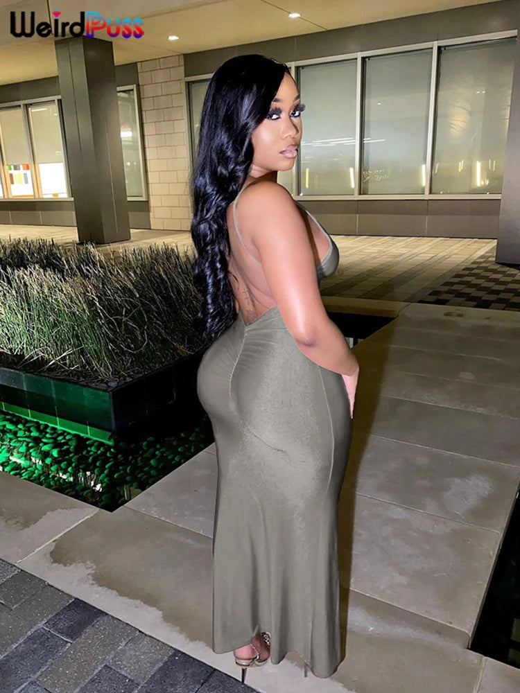 Weird Puss Sexy Backless Women Evening Maxi Dress Folds V-Neck Sleeveless Coquette Elegant Mermaid Matching Banquet Prom Bodycon